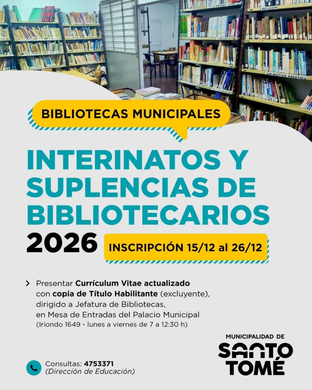 Santo Tomé: la Municipalidad abre la inscripción para interinatos y suplencias de bibliotecarios 2026
